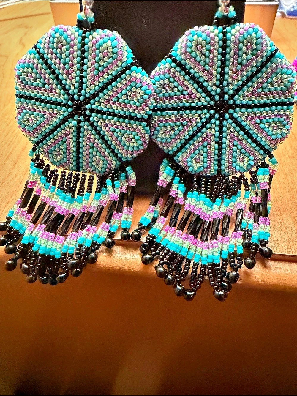 Hand Beaded Fringe Statement Earrings in Turquoise & Black